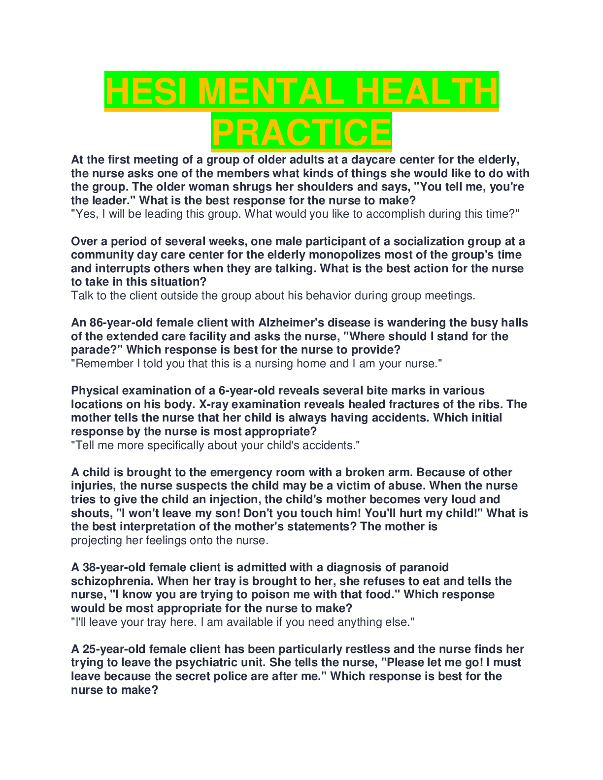 HESI MENTAL HEALTH EXAM PRACTICE QUESTIONS AND ANSWERS,NEW UPDATED